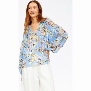 $325 Tanya Taylor Women's Blur Floral Priya Blouse Size M Baby Blue Flowy Shirt